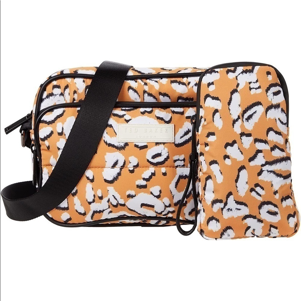 NWT TED BAKER Niqia Nylon Animal Print Orange Black Crossbody Bag w/ Attachment